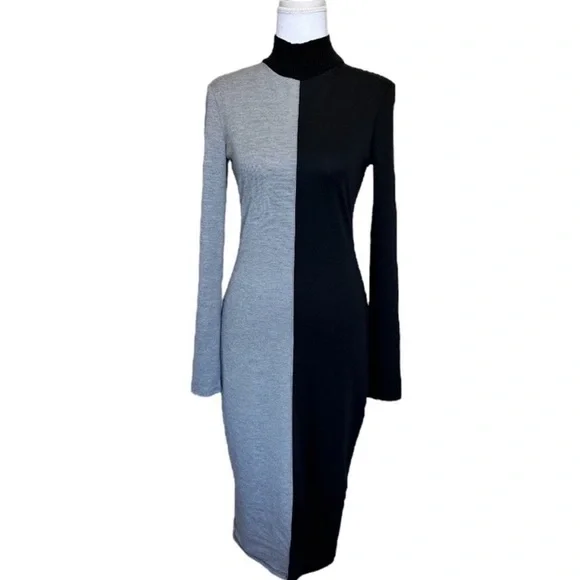 Zara | Dresses | Zara Gray Black Long Sleeve Midi Knit Dress | Poshmark